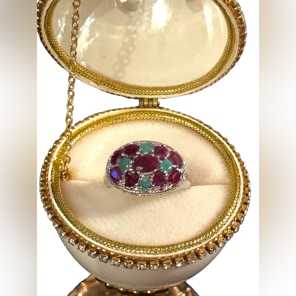 Lovely Sterling Silver 925 Ruby And Emerald Cluster Ring Rhodium Plated